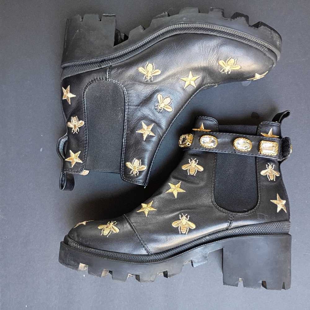 Gucci Stars and Bee Embroidered Leather Ankle Boots -Black Size 7.5 - 8 US - Picture 11 of 12